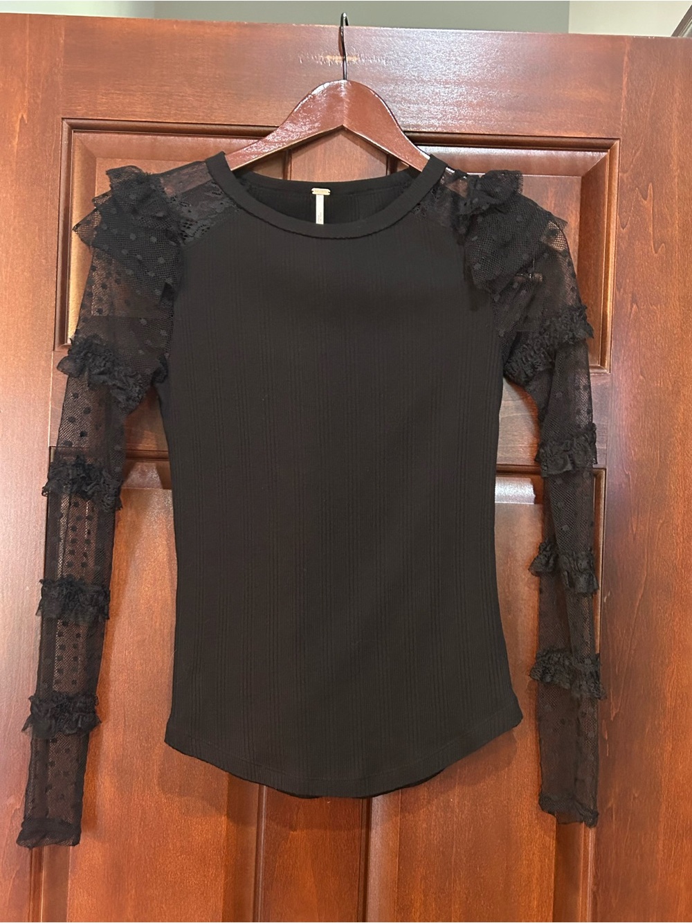 Free People Black Ribbed Lace Mesh Sleeve Top Romantic Boho Estimated Size XS